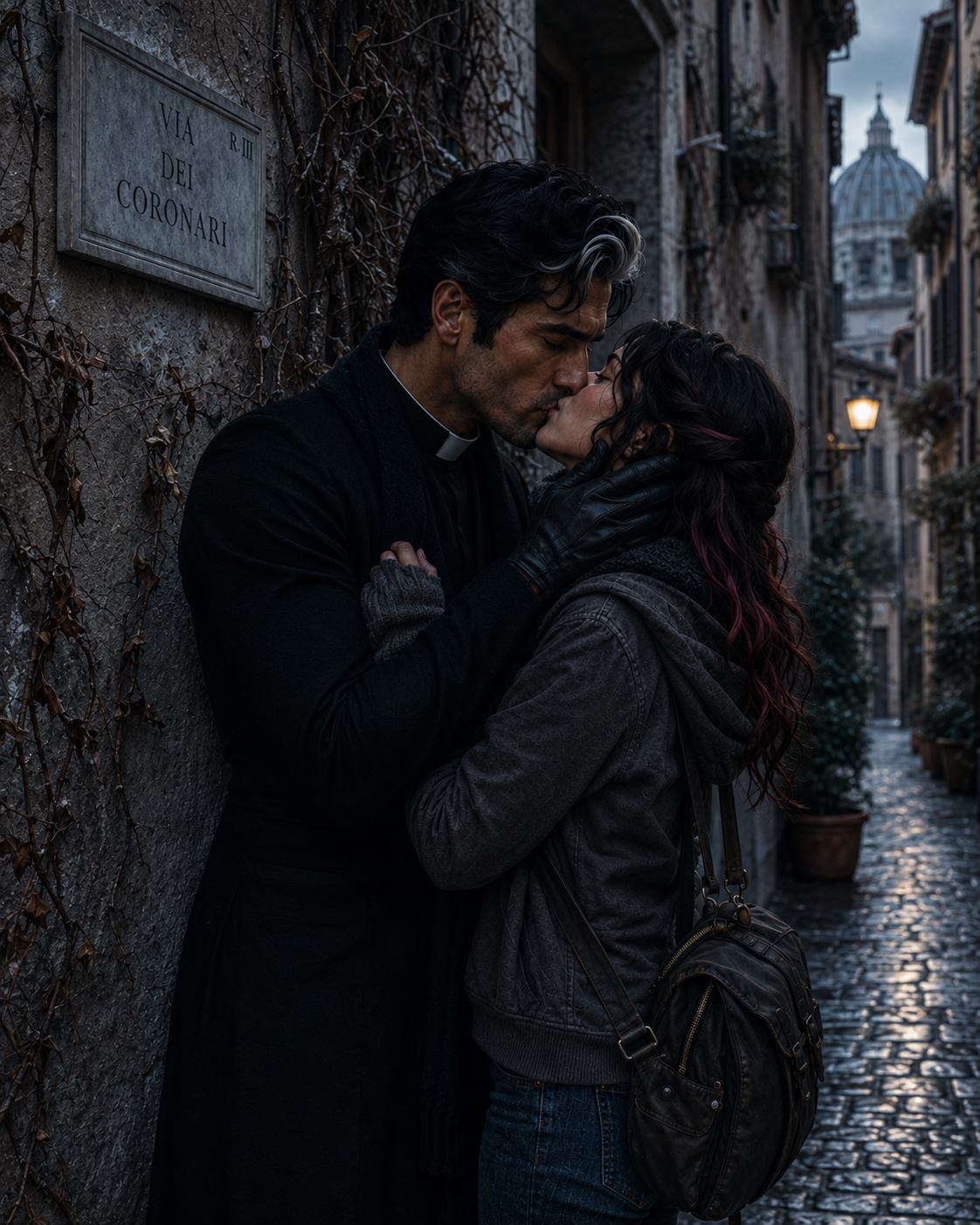 Sebastian in a priest's collar and black coat kissing Mina in a wet Roman street, the dome of St Peter's beyond