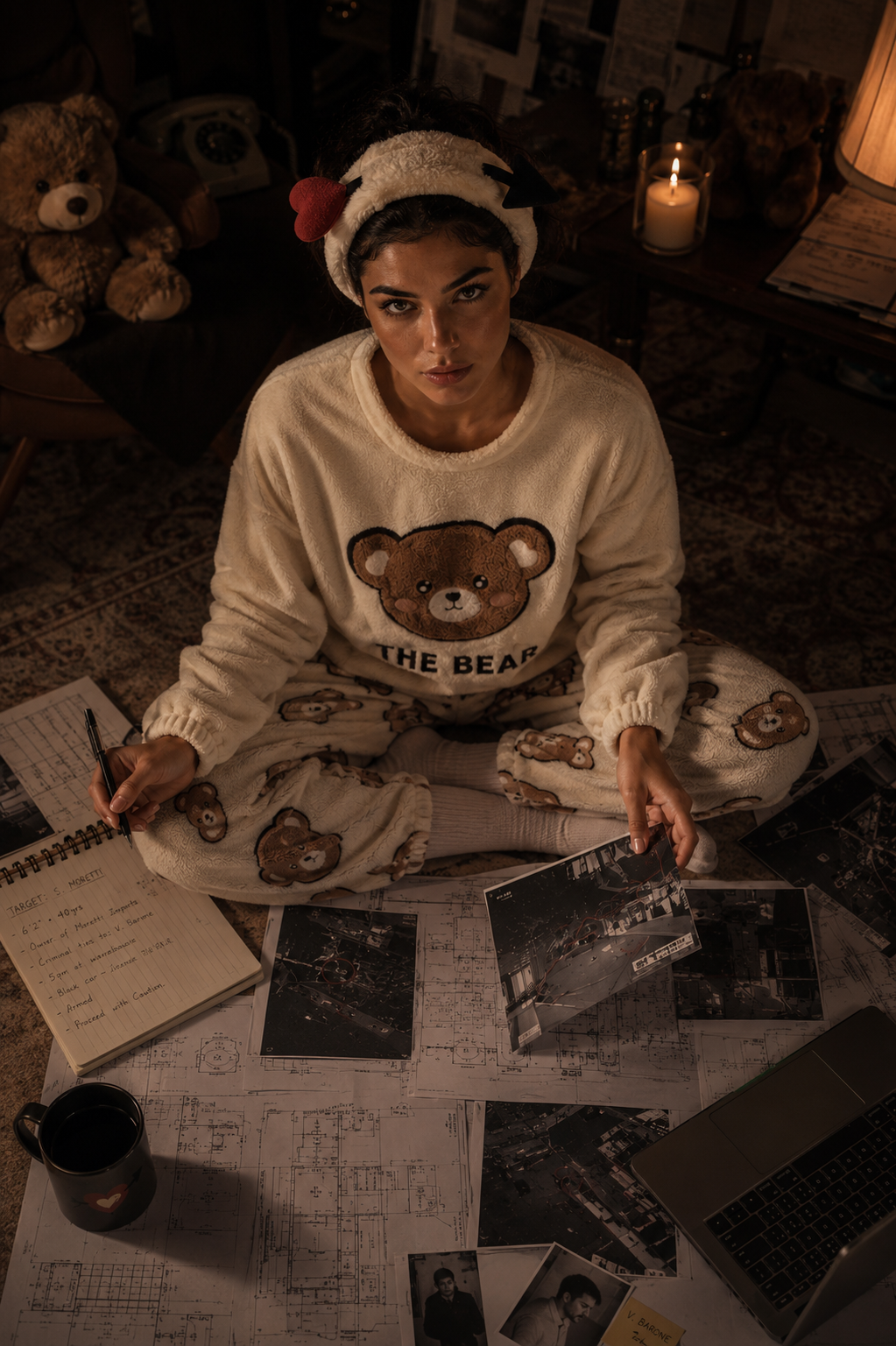 Mina seated on the floor among blueprints, surveillance photographs, notes and a laptop, looking up