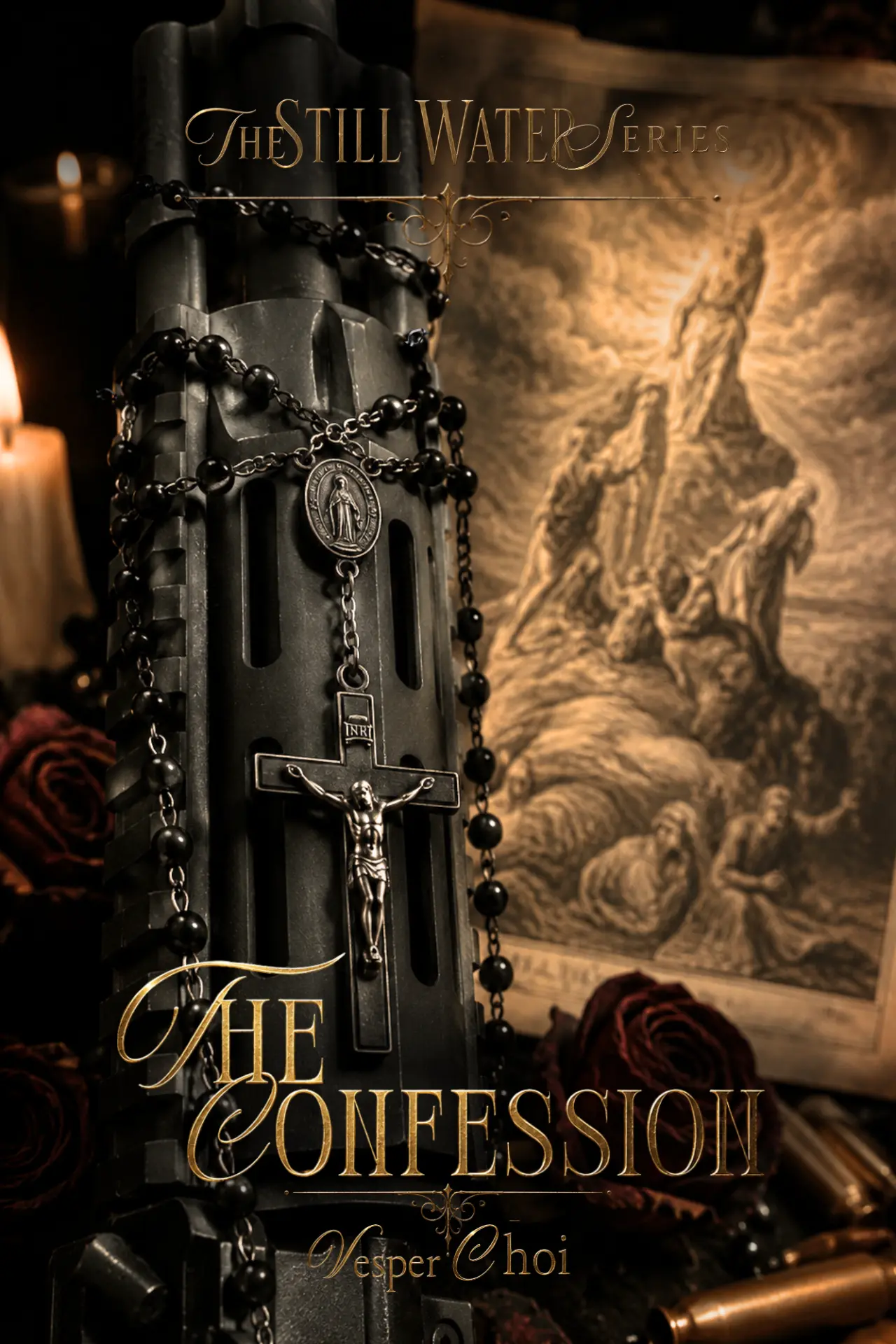 The Confession cover: a black rosary and crucifix draped over a firearm beside dark red roses, with gold lettering
