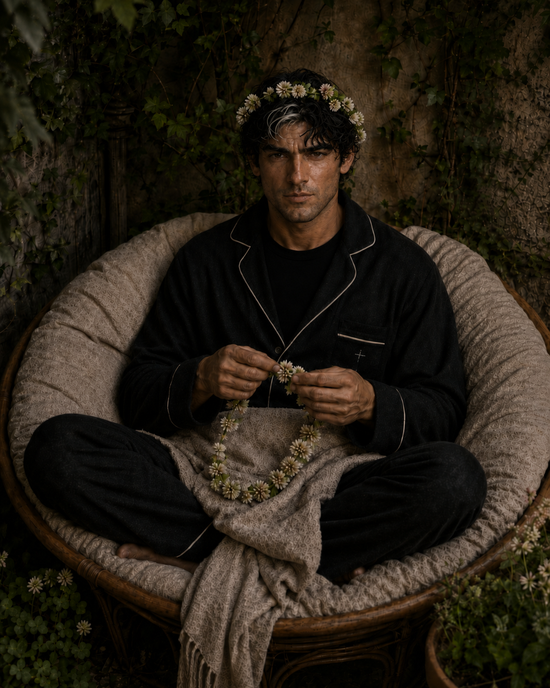 Father Sebastian Marre, dark-haired with a white streak, seated cross-legged in a garden chair making a chain of daisies