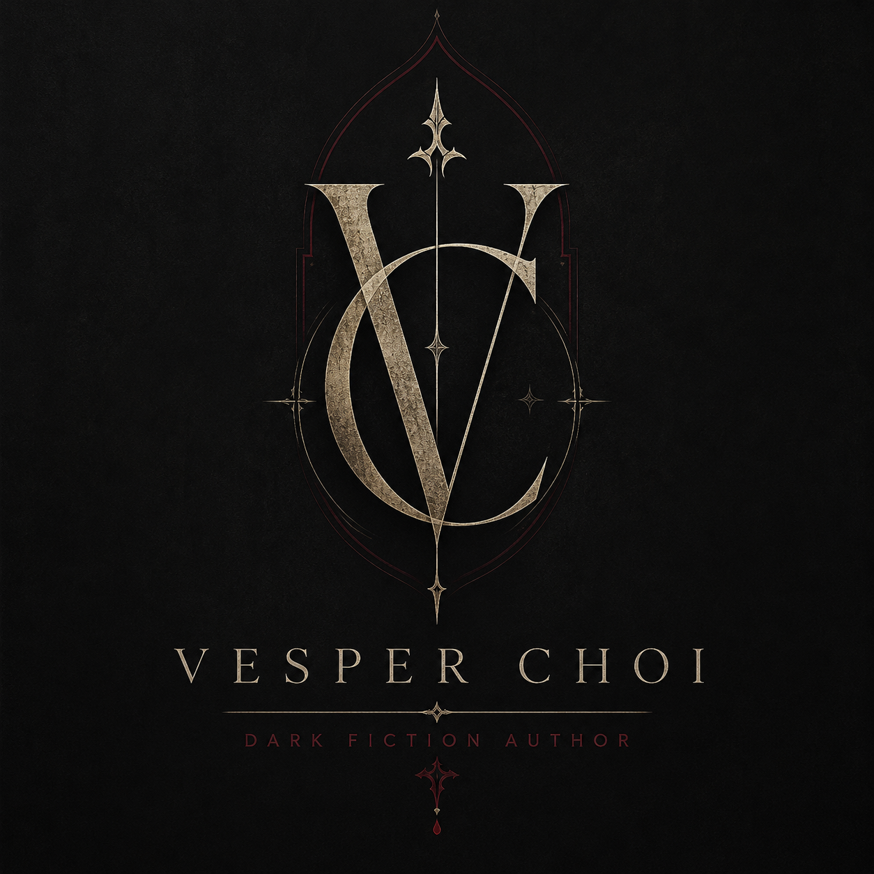 Vesper Choi author monogram: a gold VC mark above the words Vesper Choi, dark fiction author