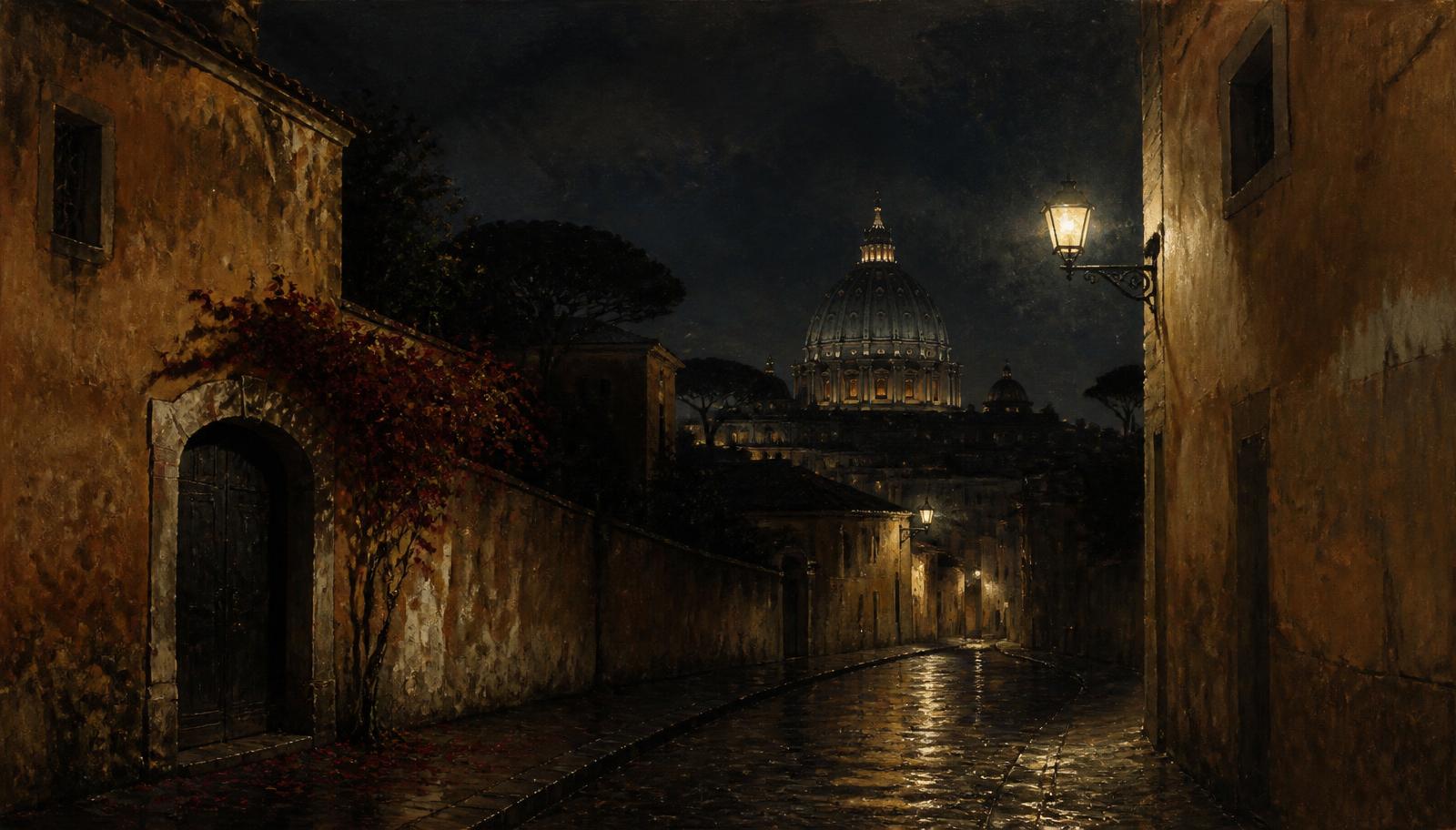 A rain-slicked Roman alley at night beneath a distant dome